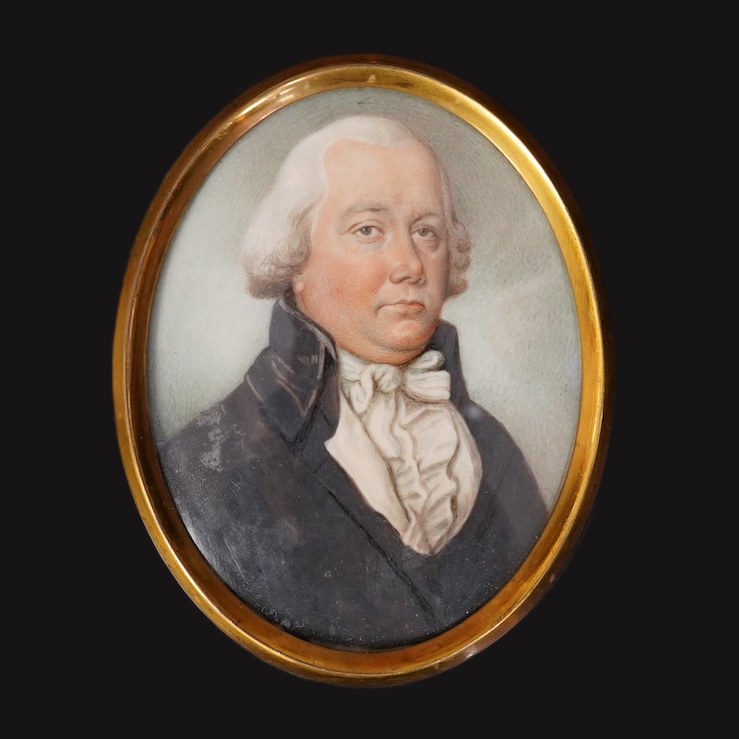 Thomas Hazlehurst (English, 1740-1821), Miniature portrait of a gentleman wearing a powdered wig, black coat and white stock, watercolour on ivory, 8.5 x 6.5cm. CITES submission reference YXCNGZD8